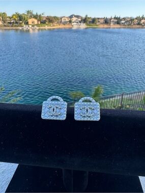 Luxury CC Mini Purse Stud Earrings - Silver Tone